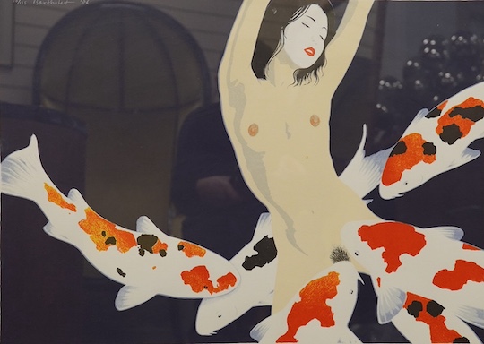 Ferry Bertholet (Dutch, b.1952), colour lithograph, Naked Japanese woman with six koi carp, signed and dated '86, limited edition 10/125, 49 x 64cm. Condition - good